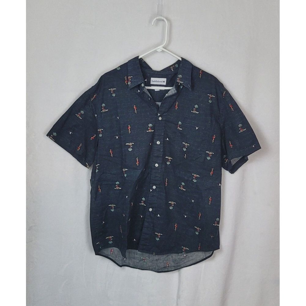 Saddlebred Mens XL Navy‎ Blue Hula Girl Tropical Print Button Down Shirt Classic